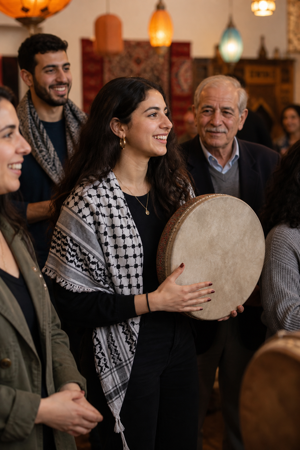 Community members gathered around a hand drum at a cultural event