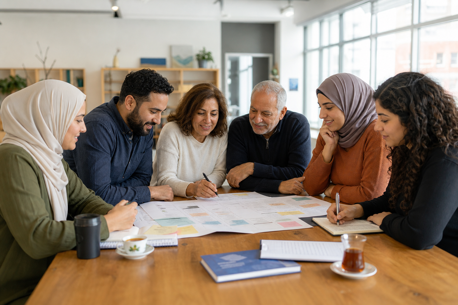 Community organizers planning a gathering together around a table